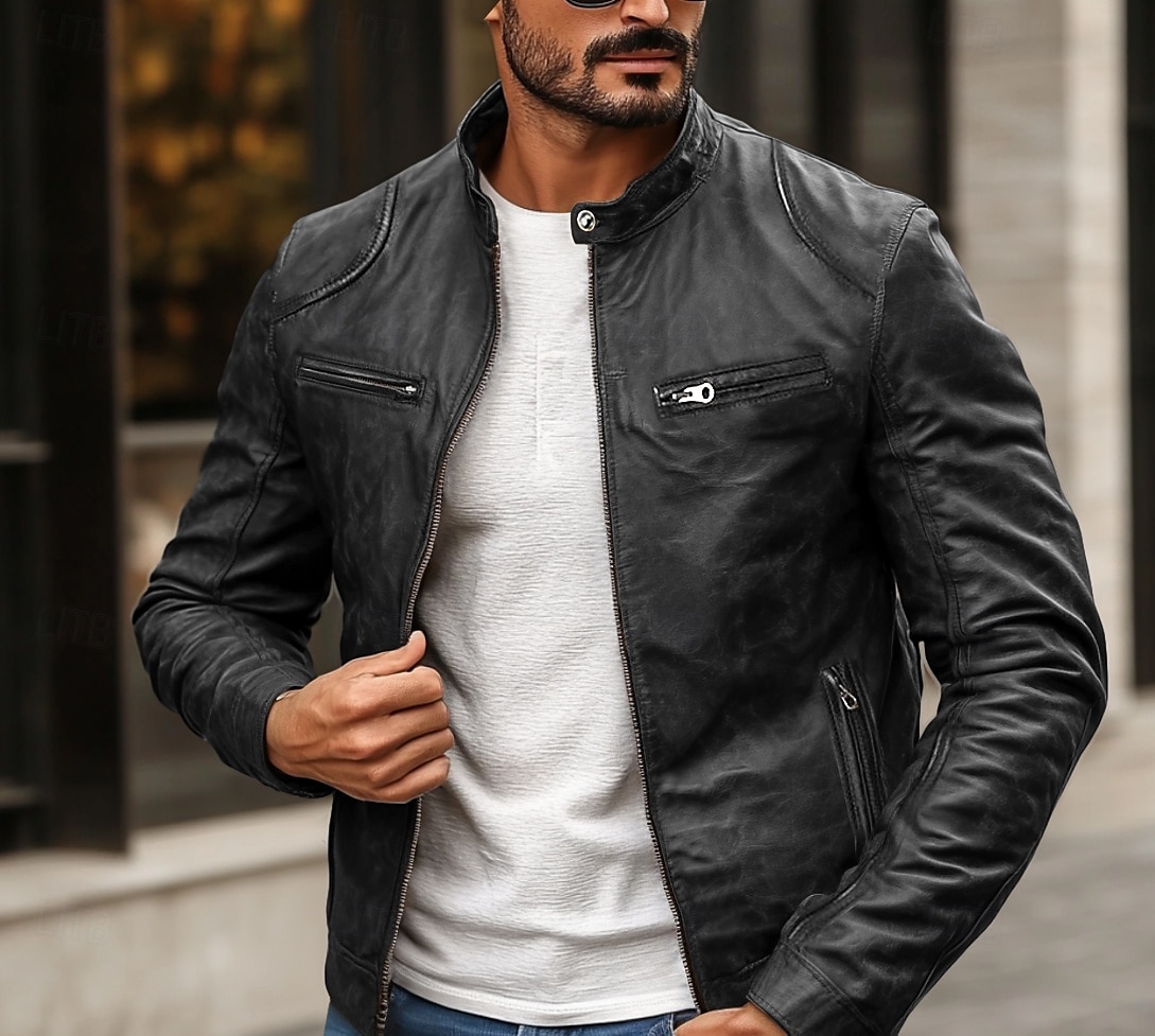 Men's Faux Leather Jacket Biker Jacket Motorcycle Jacket Daily Thermal Warm Rain Waterproof Zipper Fall & Winter Solid Colored Punk Vintage Stand Collar Regular Black Blue Brown Coffee Jacket 2026 - $45.99 –P4