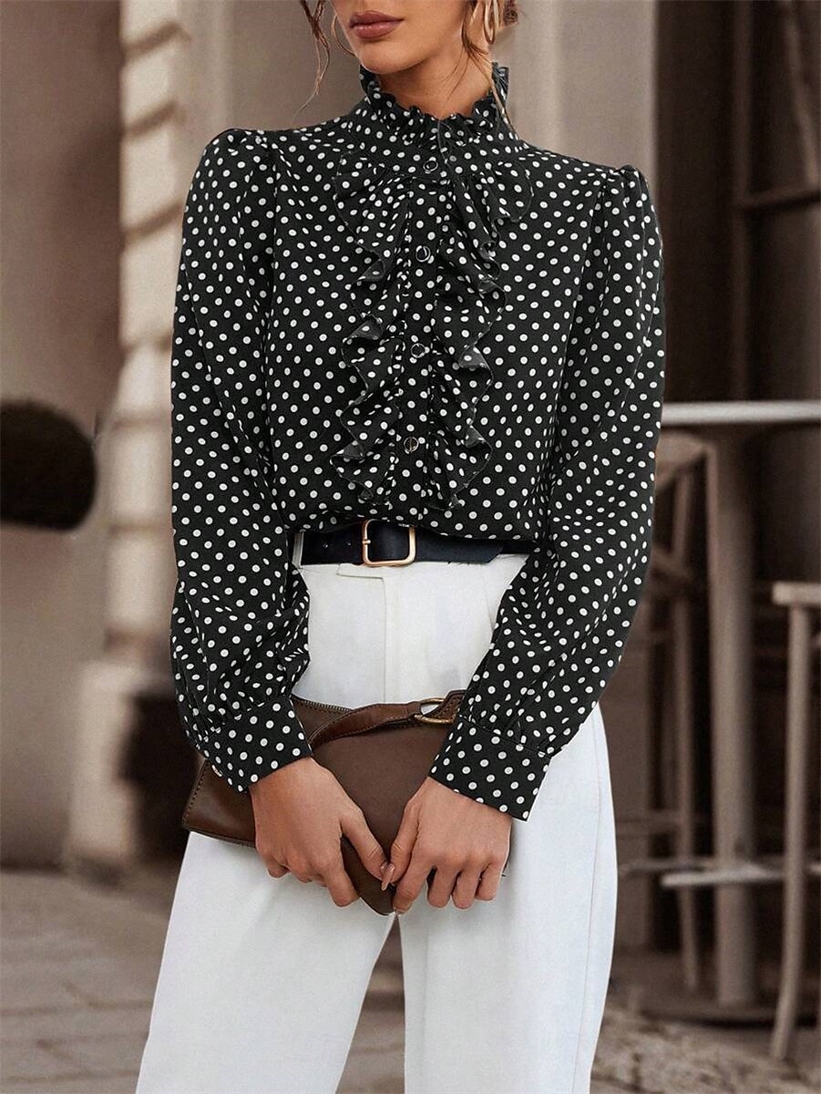 Damen Hemd Bluse Punkt Brautkleider schlicht Langarm Rollkragen Normale Oberteile Täglich Rüsche Patchwork Knopf Schwarz Braun Herbst Winter 2025 - $29.99 –P6