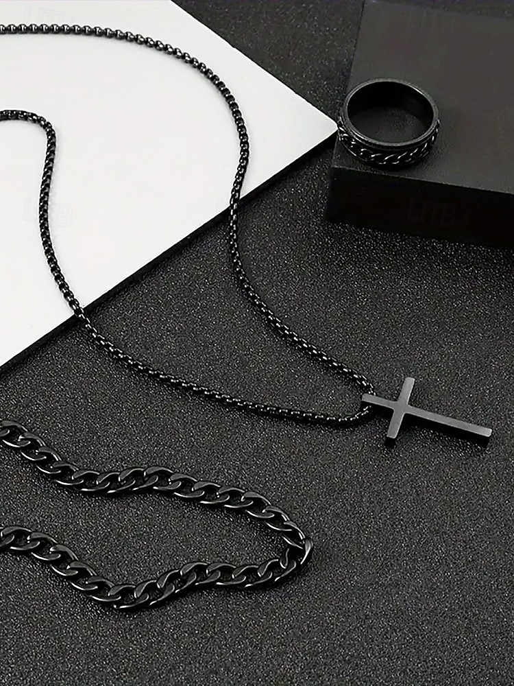 Men's Alloy Cross Necklace, Chain Bracelet, and Engraved Ring Set – Durable and Stylish Christian Jewelry 2025 - $11.99 –P7