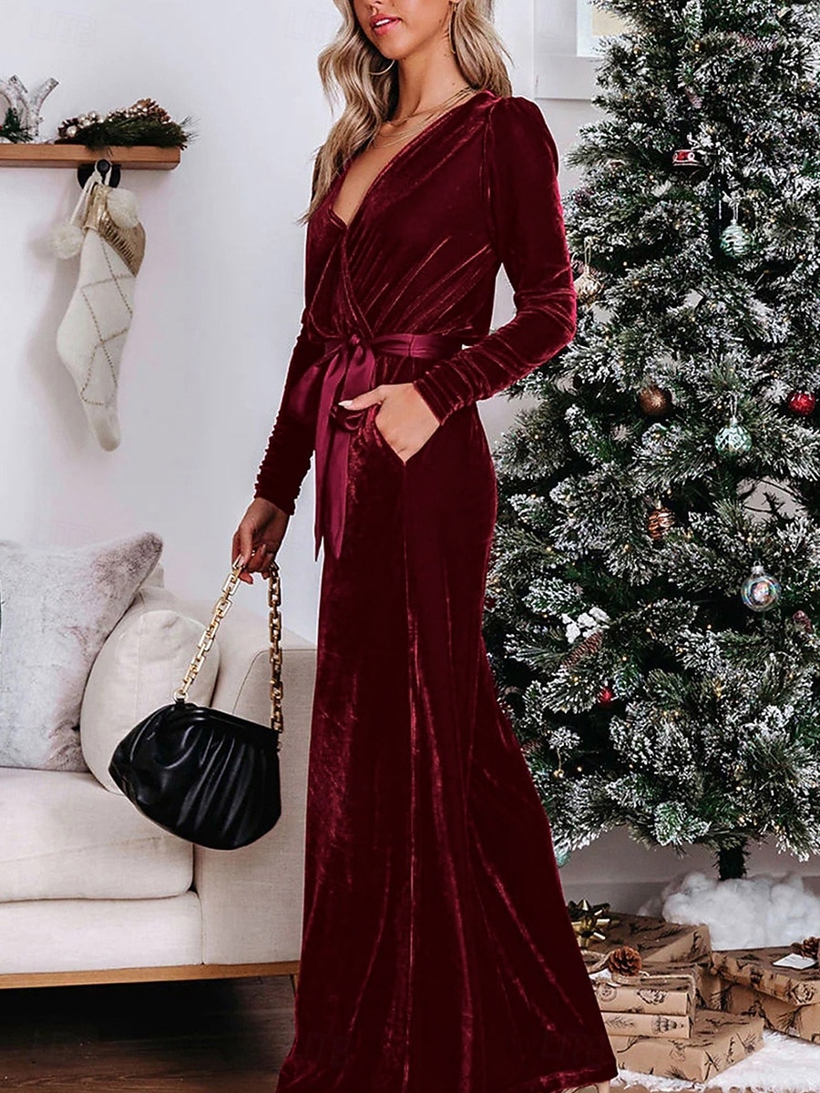 Dam Vanligt Jumpsuits Stylish Ensfärgat Långärmad Djup V-hals Bältade Semester Fest Normal Svart Rubinrött Blå Vår 2025 - GBP £29.21 –P7