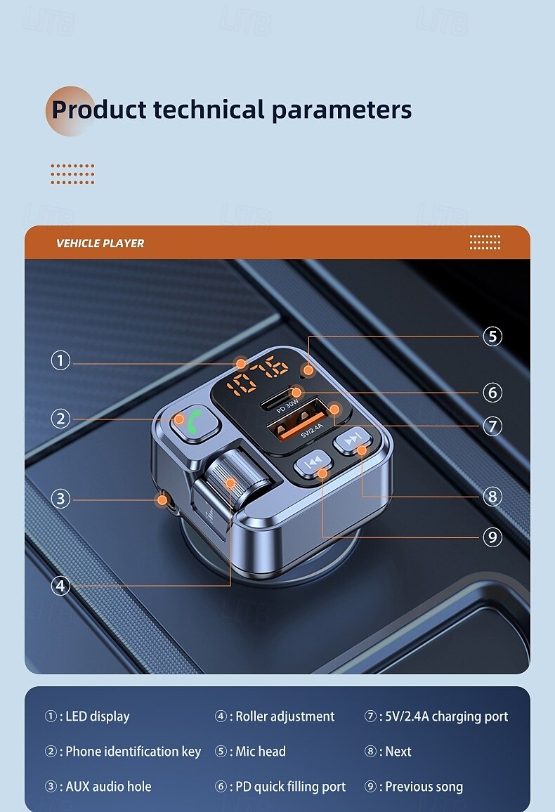 Car Charger 30W Fast Charging Adapter FM Bluetooth Transmitter Handsfree Call with Voltage Monitor MP3 Player for IPhone Samsung 2025 - $26.99 –P4