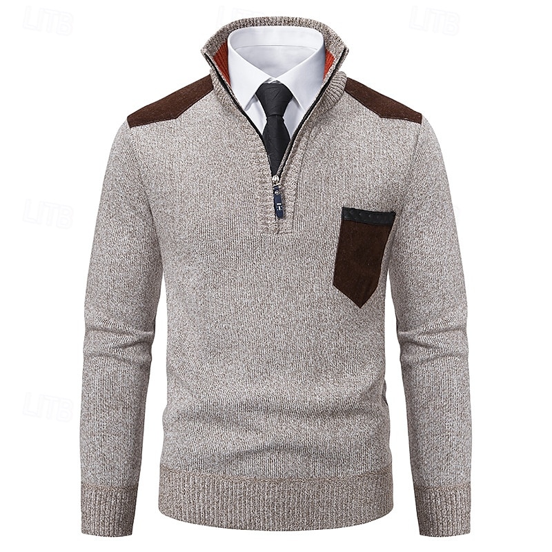 Herre Genser Tykk Strikke Lomme Halv glidelås Helfarge Høy krage Elegant Årgang Formell Hjem Klær Biskop Høst Vinter Rød Navyblå S M L 2025 - $27.99 –P8
