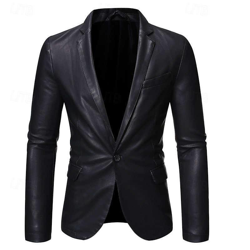 czarna męska marynarka ze skóry pu biuro praca ulica kieszeń moda casual wiosna &jesienna poliestrowa prosta kieszonka swobodna/codzienna jednorzędowa marynarka 2025 - $67.99 –P2