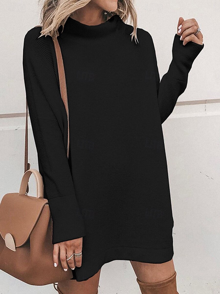 Dames Trui jurk Casual Zacht Heldere kleur Geribd Coltrui Gebreid Lange mouw Lange tops breien Buiten Dagelijks Weekend Zwart Wit Herfst Winter 2025 - $31.99 –P3