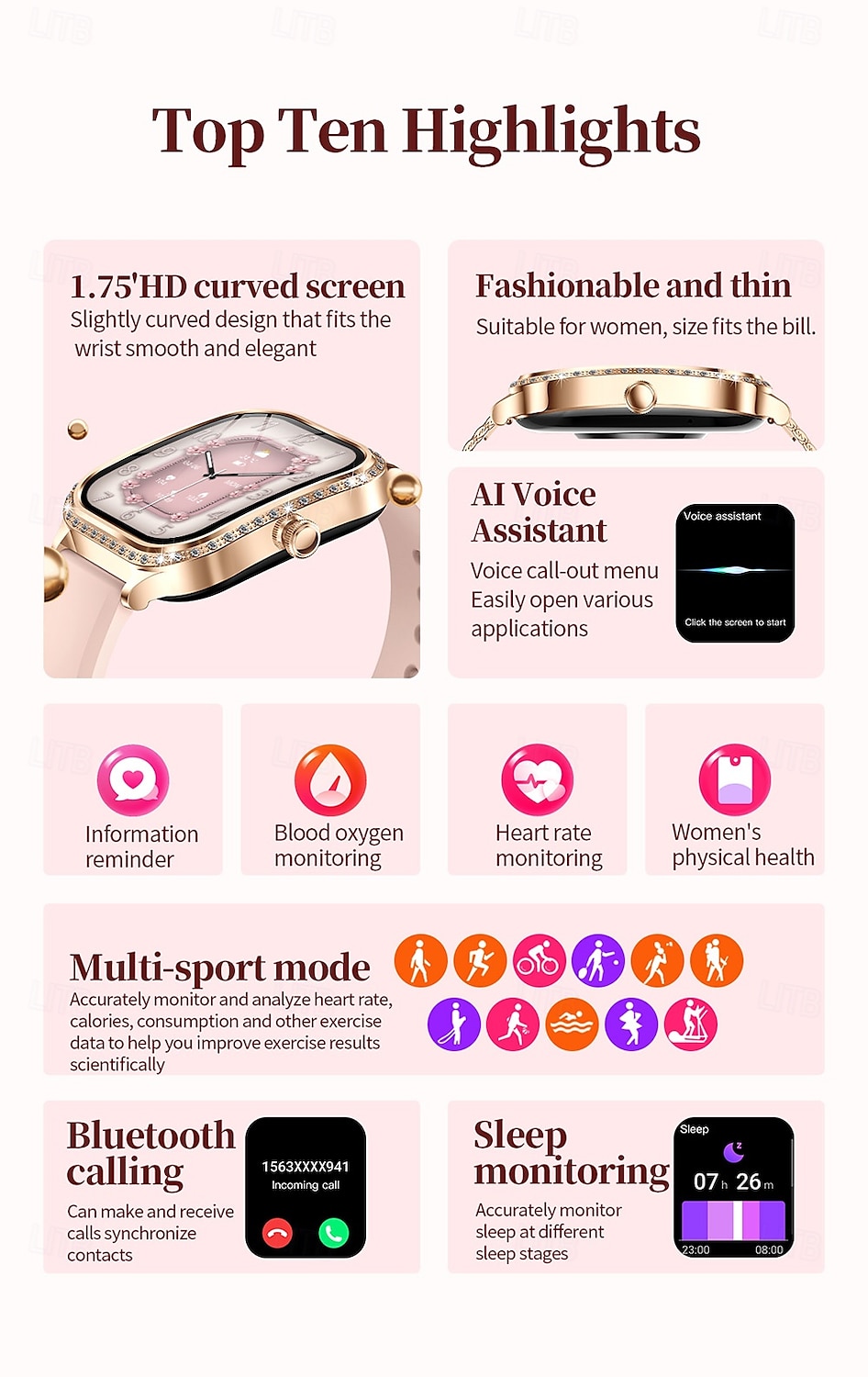 2025年 iMosi MK88 スマートウォッチ 1.75 インチ スマート·ウォッチ ブルートゥース 歩数計 着信通知 睡眠サイクル計測器 と互換性があります Android iOS 女性 ハンドフリーコール 防水 メディアコントロール IP68 36mmの時計ケース コレクション – $49.99 –P2