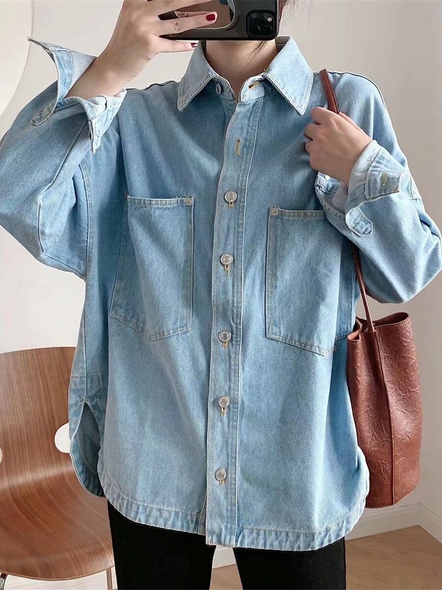 Per donna Giacca di jeans Esterno Strada Da tutti i giorni Autunno Inverno Standard Cappotto Standard Tenere al caldo Traspirante Moda Informale Giacca Manica lunga Tinta unica Con tasche Blu del 2025 a $38.99 –P5