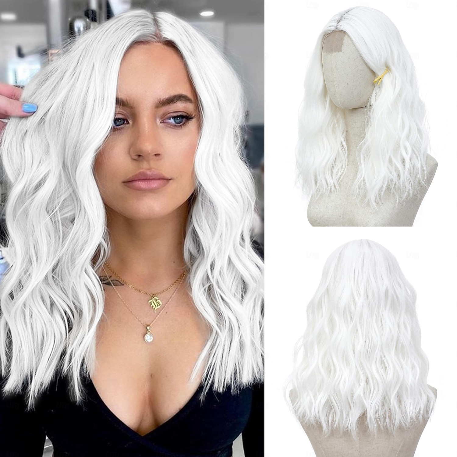 parrucca parrucche di media lunghezza per donna parrucca sintetica ondulata con riga centrale con ciocche migliorate, parrucca di capelli naturali per feste quotidiane/feste di Natale del 2025 a $19.99 –P1