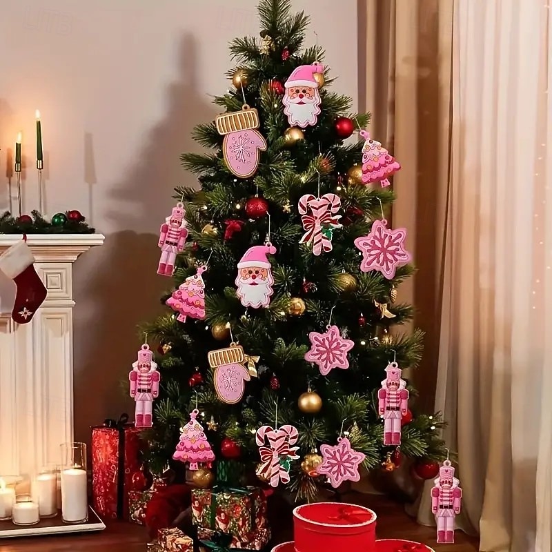 24ks vánočních růžových dřevěných ozdob, dekorace na vánoční stromeček - vintage růžový perník, palčáky, louskáček, santa, stromečky a sněhové vločky na Vánoce 2025 - $14.99 –P4