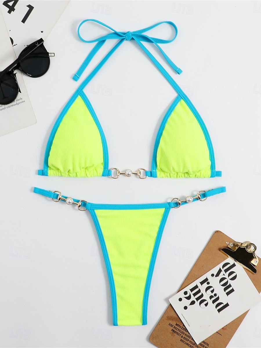 Dam Badkläder Bikini 2 st G-string Baddräkt Öppen rygg Lappverk Smal Semester Standkläder Ensfärgat V-hals Ärmlös Baddräkter 2025 - $22.99 –P7