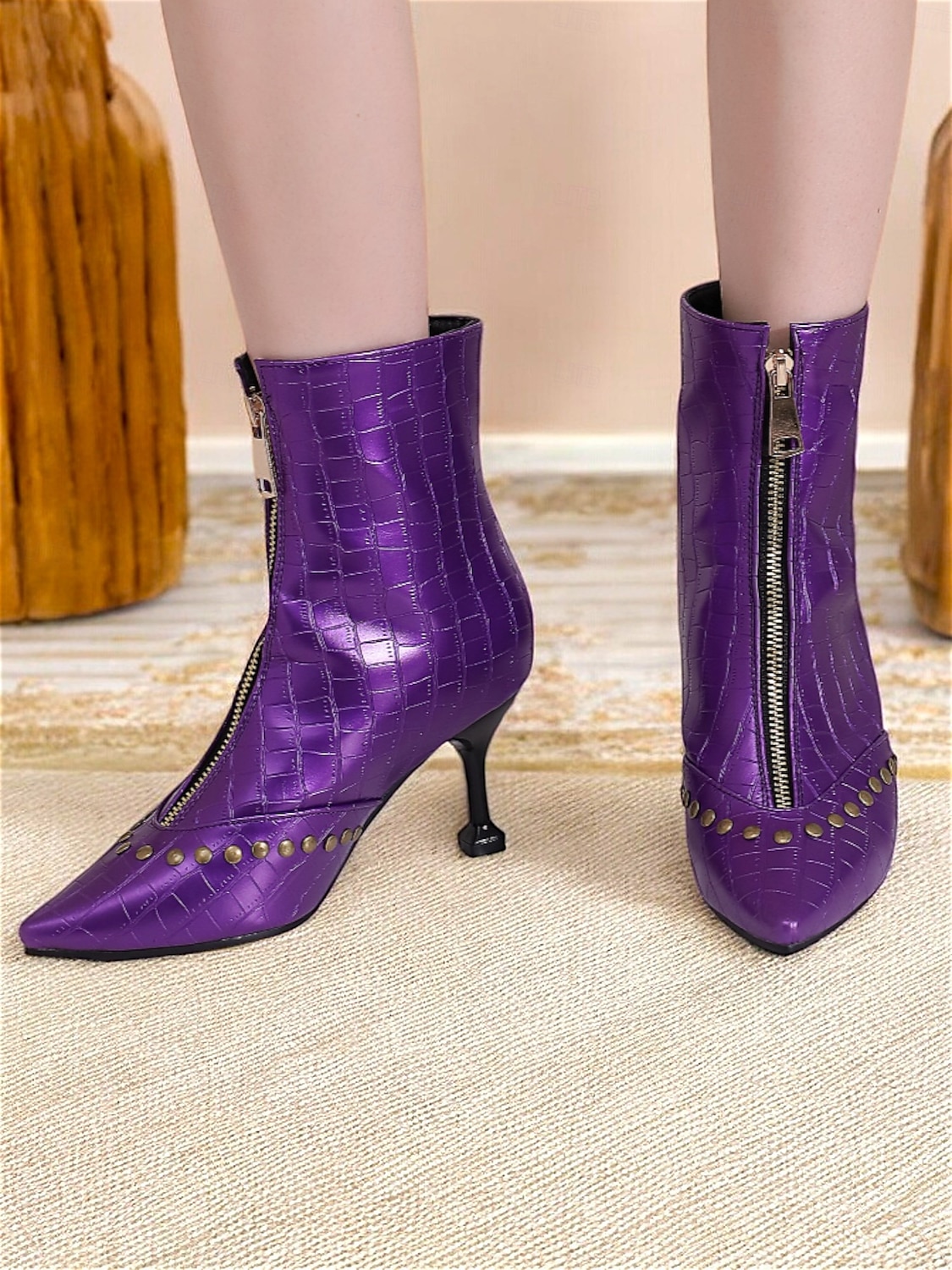 Botines de cuadros para mujer con tacón de aguja y cremallera lateral: elegantes botas de cuadros con punta puntiaguda para la moda de otoño 2025 - $54.99 –P2
