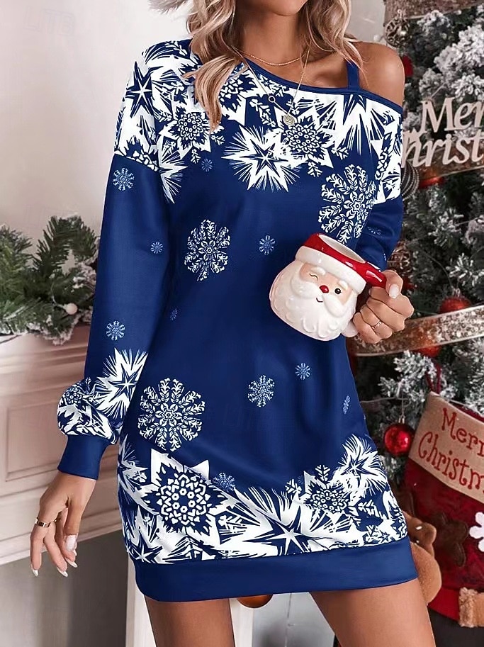 Flocon de Neige Robe Sweat à capuche Femme Noël Nouvel an la veille de Noël Le style mignon Epaules Dénudées Adultes Soirée Noël Robe de 2025 ? $23.99 –P10