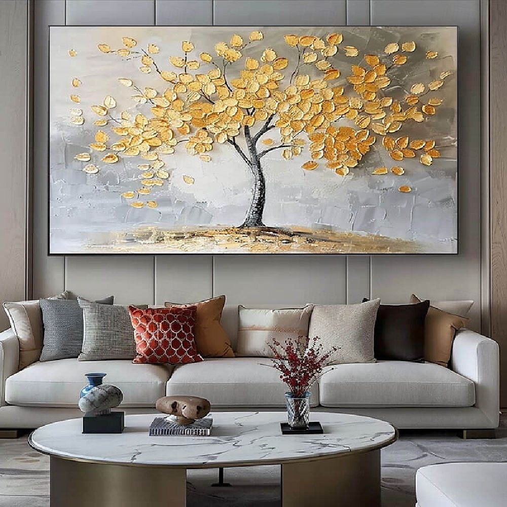 großes 100% handgemaltes goldenes Baum-Ölgemälde auf Leinwand goldenes Blumenbaum-Ölgemälde groß abstrakt strukturiert goldgelb Lebensbaum-Wandkunst individuell modern trendiges Wohnzimmerdekor 2025 - $66.99 –P1