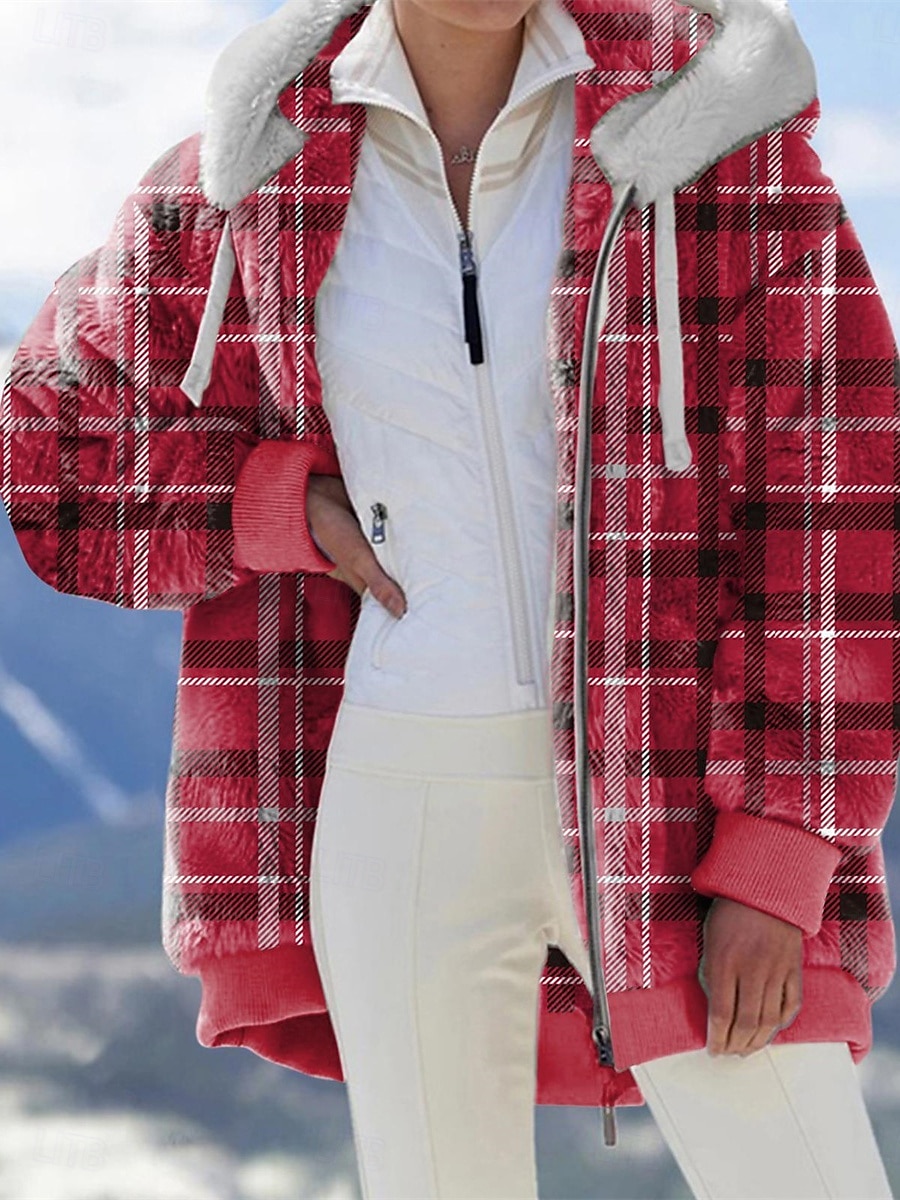 Per donna Giacca in pile Cappotto teddy Giacca con cappuccio Tenere al caldo Traspirante Cerniera Tasche Stampa Collo di pelliccia Informale A quadri Da mare Strada Da tutti i giorni Per uscire del 2025 a $51.99 –P1