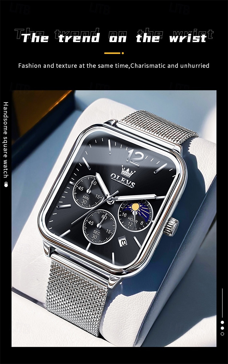 nouvelle marque olevs olevs tendance montres pour hommes cadran carré calendrier lumineux des phases de lune multifonction ceinture en maille à trois yeux montre à quartz à phases de lune de 2025 ? $29.99 –P3