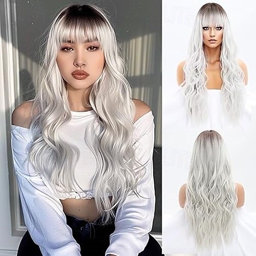 perruque longue ondulée avec frange pour femmes blanches perruques féminines d'aspect naturel avec racines foncées perruque de cheveux en fibre synthétique pour une utilisation quotidienne en soirée de 2025 ? $19.99 –P2