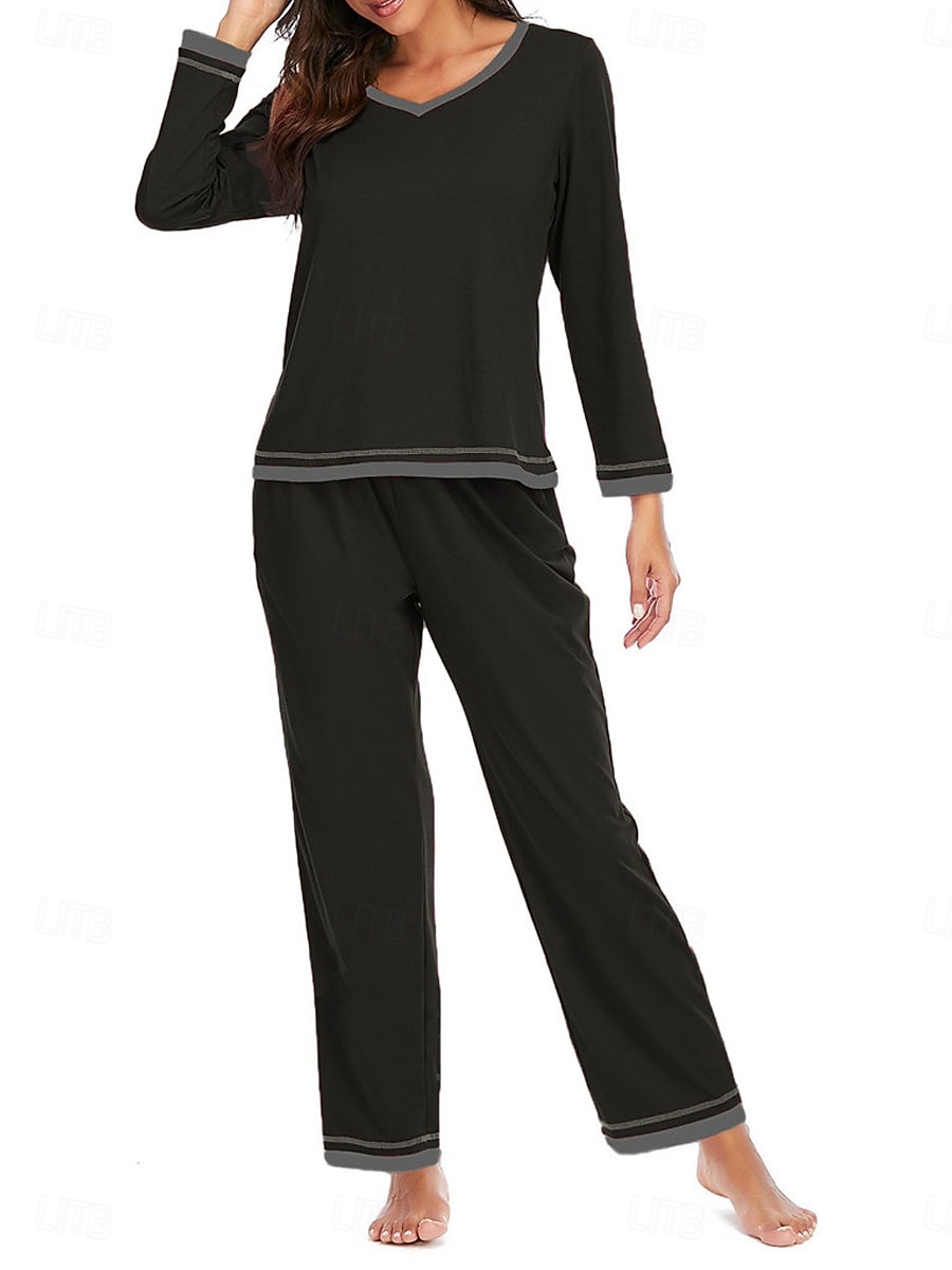 set de pijamale de damă culoare pură casual confort acasă zilnic confort din bumbac cald cu gâtul turnat tricou cu mânecă lungă pantaloni talie elastică ținute de toamnă iarnă acasă 2026 - $41.99 –P7
