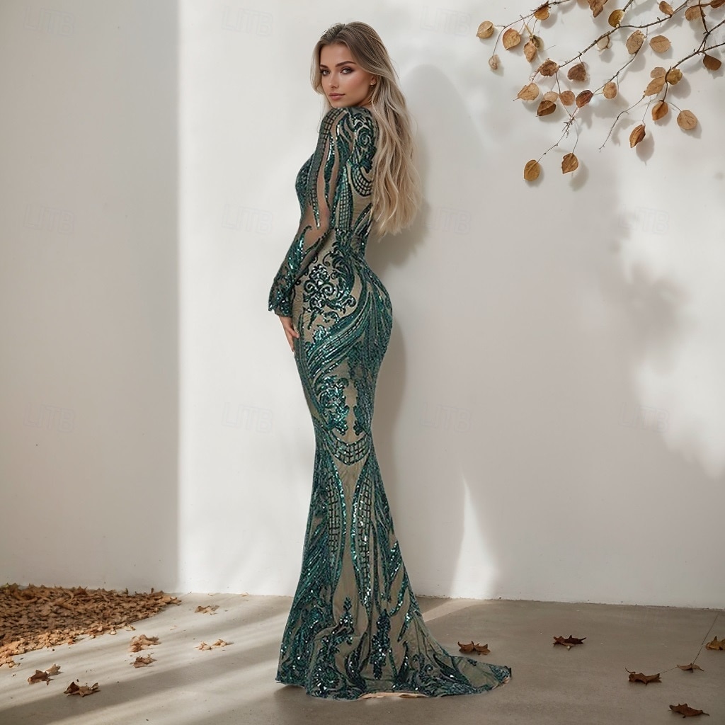 Green A-Line Evening Gown  Satin Elegant Dress Formal Christmas Floor Length Long Sleeve Boat Neck Detachable with Floral Print Slit Appliques 2024 2024 - GBP £104 –P3