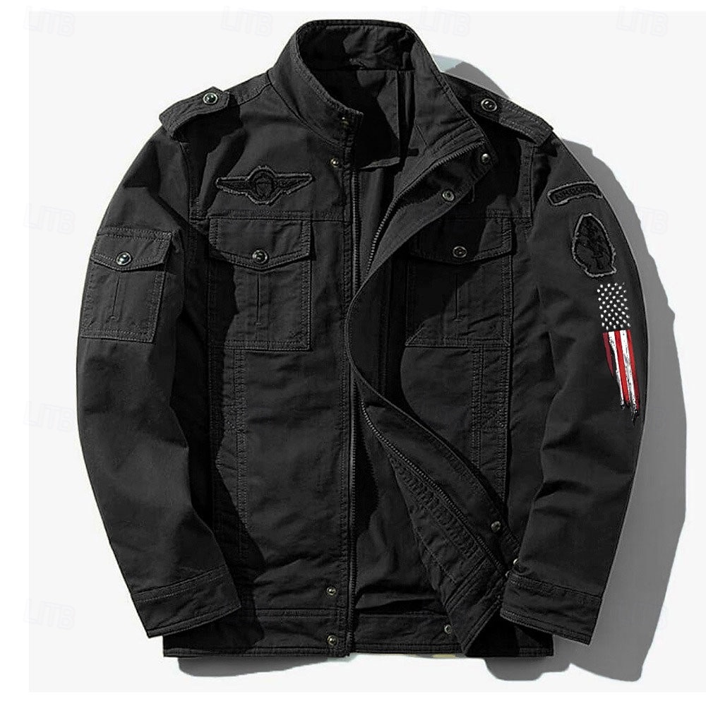 Chaqueta militar bordada de algodón para hombre, chaqueta cargo con tirantes, manga larga, cuello alto, multibolsillos, chaqueta de camionero, estampado de bandera de EE. UU., ropa exterior táctica 2025 - $49.99 –P2