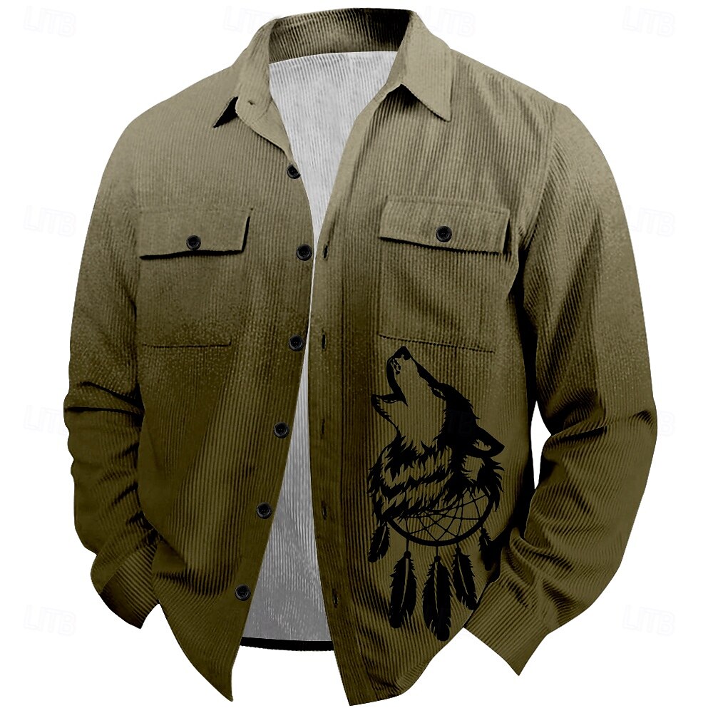 Christmas Men's Wolf Corduroy Shirt Shirt Jacket Overshirt Long Sleeve Vintage Tribal Outdoor Dailywear Fall & Winter Turndown Collared Shirts Buttons 3D Print 2 Pockets 1pc Black Grey Army Green Red 2025 - $37.99 –P6
