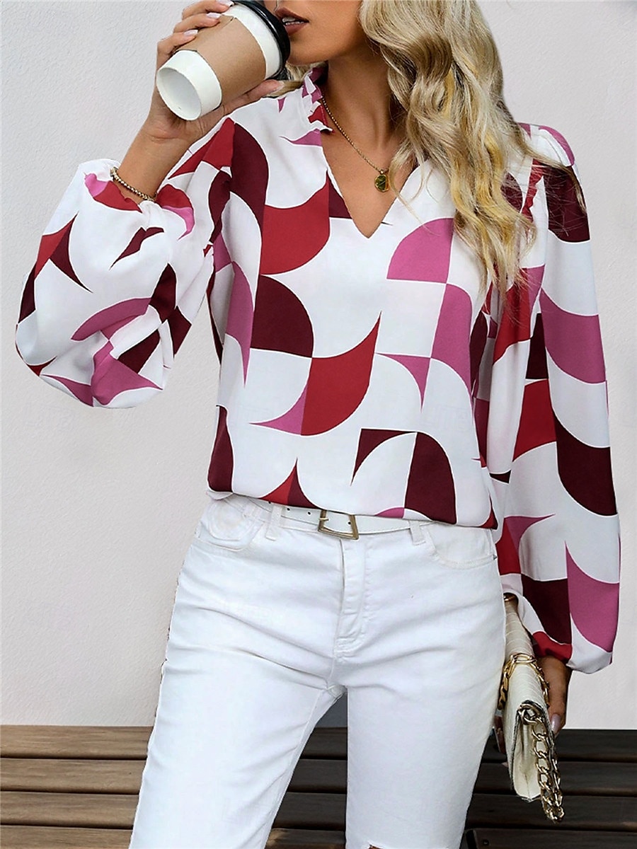 Dames Overhemd Blouse Geometrisch Casual Lange mouw Gekerfde nek Normale tops Dagelijks Afdrukken Zwart Wijn Herfst Winter 2025 - $29.99 –P4
