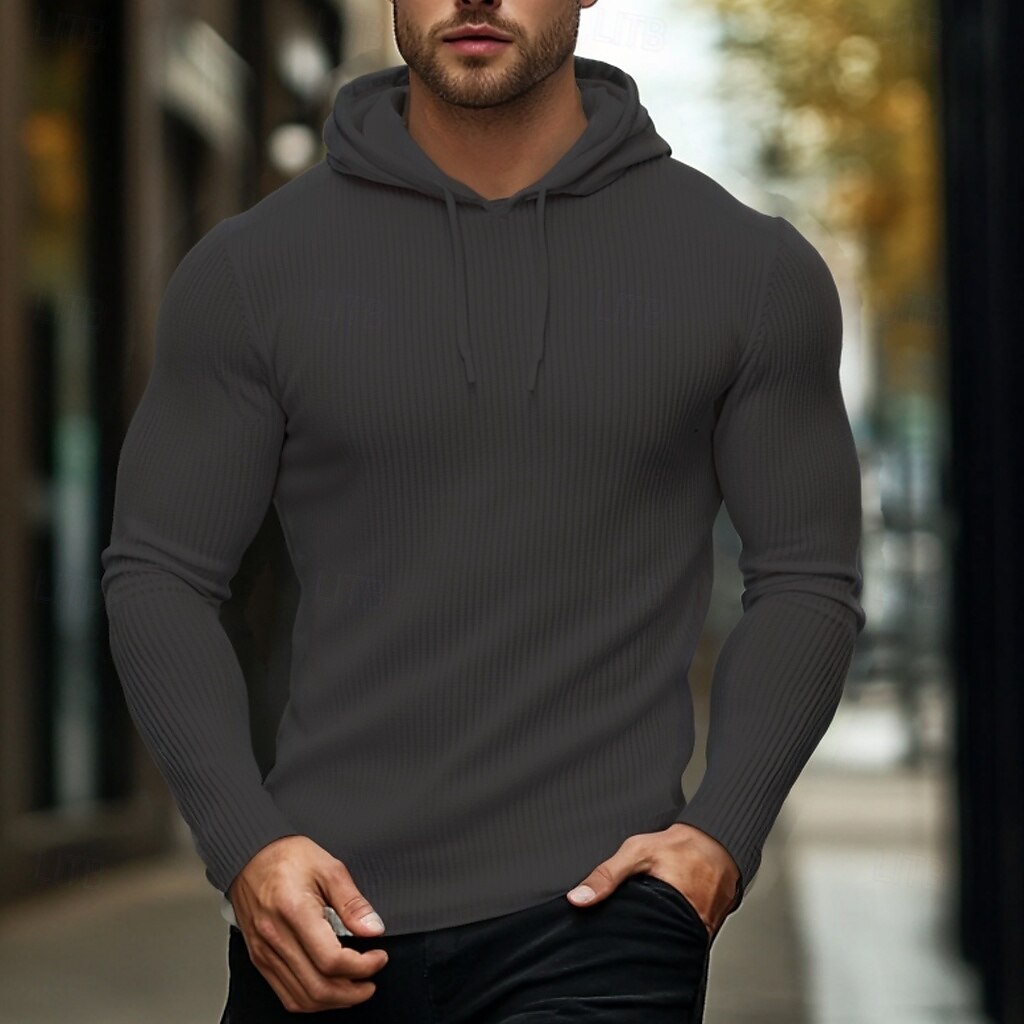 Men's T Shirt Muscle Shirt Ribbed Knit tee Long Sleeve Shirt Long Sleeve Hooded Summer Striped Fashion Streetwear Cool Hooded Training Outdoor Black White Grey Top Tee for Men 2025 - $23.99 –P2