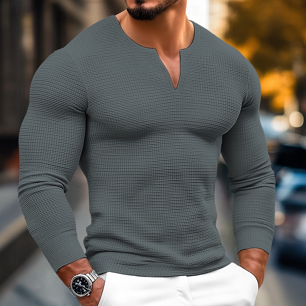 Men's Waffle Shirt T Shirt Tee Top Long Sleeve Shirt Long Sleeve V Neck Spring &  Fall Plain Fashion Designer Basic V Neck Vacation Street Going out Black White Gray Top Tee for Men 2025 - $16.49 –P6