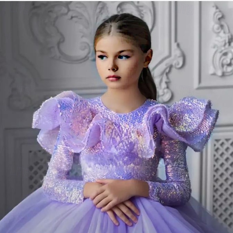 kinderkleidung Mädchen Party Kleid Feste Farbe Ärmellos Langarm Leistung Gitter Prinzessin Süß Gitter Mitte der Wade Etuikleid Tüll-Kleid Sommer Frühling Herbst Kinder Purpur 2025 - $89.99 –P5