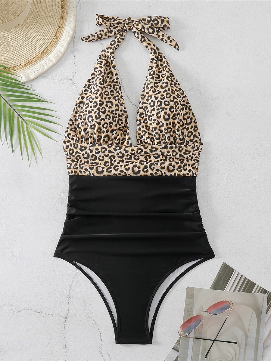 Dame Badetøy Ett stykke Monokini Badedrakt Åpen rygg Midjekontroll Høy Midje Tynn Ferie Strand Klær Leopard Grimehals Ermeløs Badedrakter 2025 - $25.99 -P5
