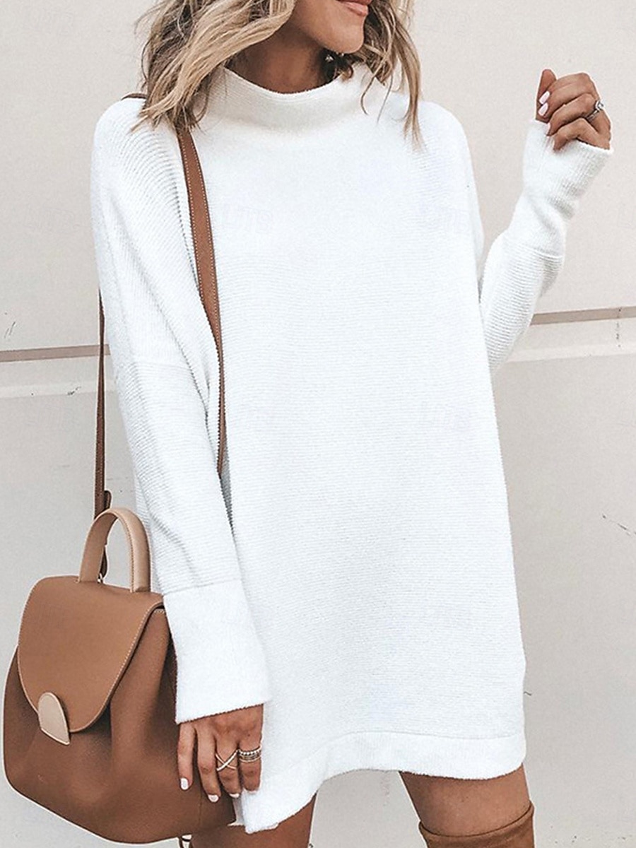 Dames Trui jurk Casual Zacht Heldere kleur Geribd Coltrui Gebreid Lange mouw Lange tops breien Buiten Dagelijks Weekend Zwart Wit Herfst Winter 2025 - $31.99 –P2