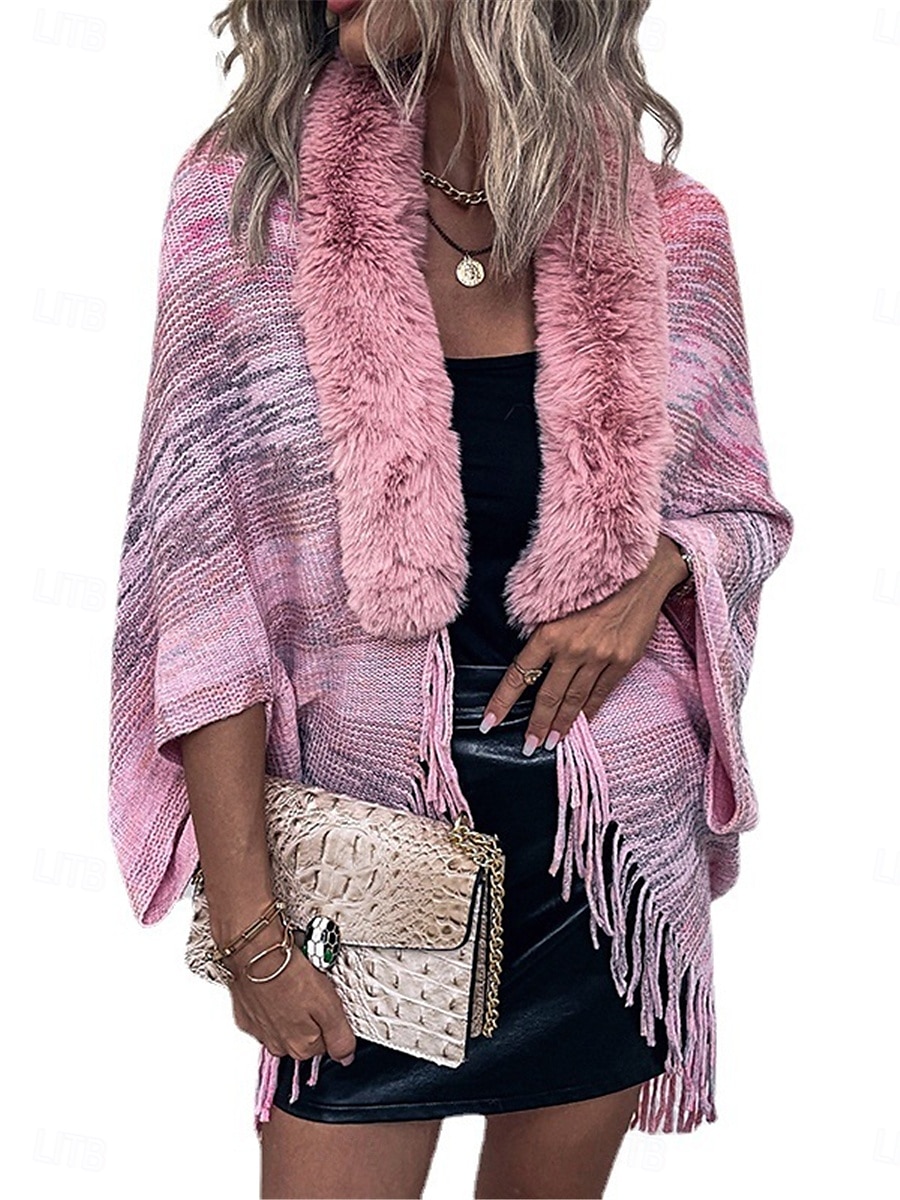 Women's Shrug Casual Soft Rainbow Ribbed Open Front Tassel Knitted Faux Fur Trim Long Sleeve Regular Tops Knit Outdoor Daily Weekend Pink Apricot Fall Winter 2025 - $29.99 –P6