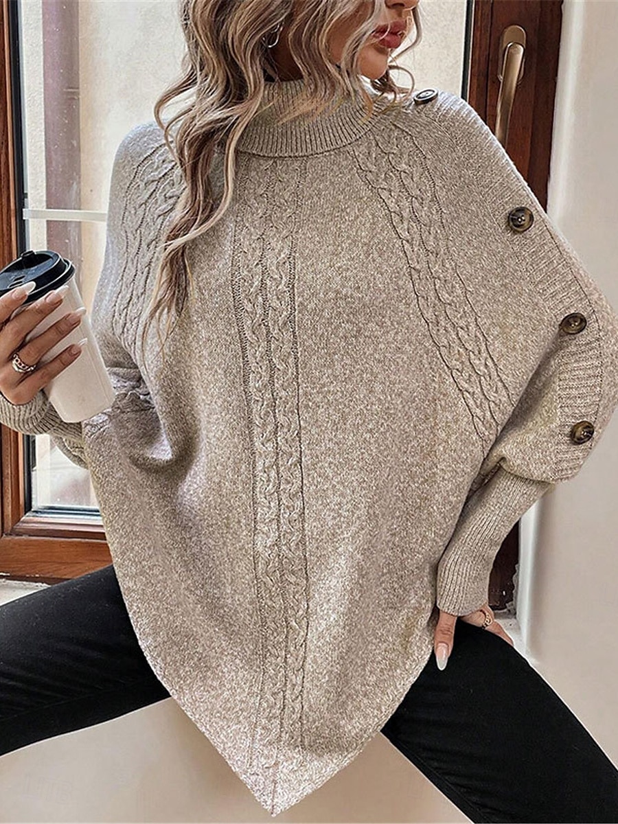 Dam Tröja Pullover tröja Ledigt Mjukt Ren färg Ribbad Polokrage Knappar Stickat Fladdermusärm Långärmad Vanliga toppar Sticka Utomhus Dagligen Helgen Kaki Höst Vinter 2025 - $51.99 –P4