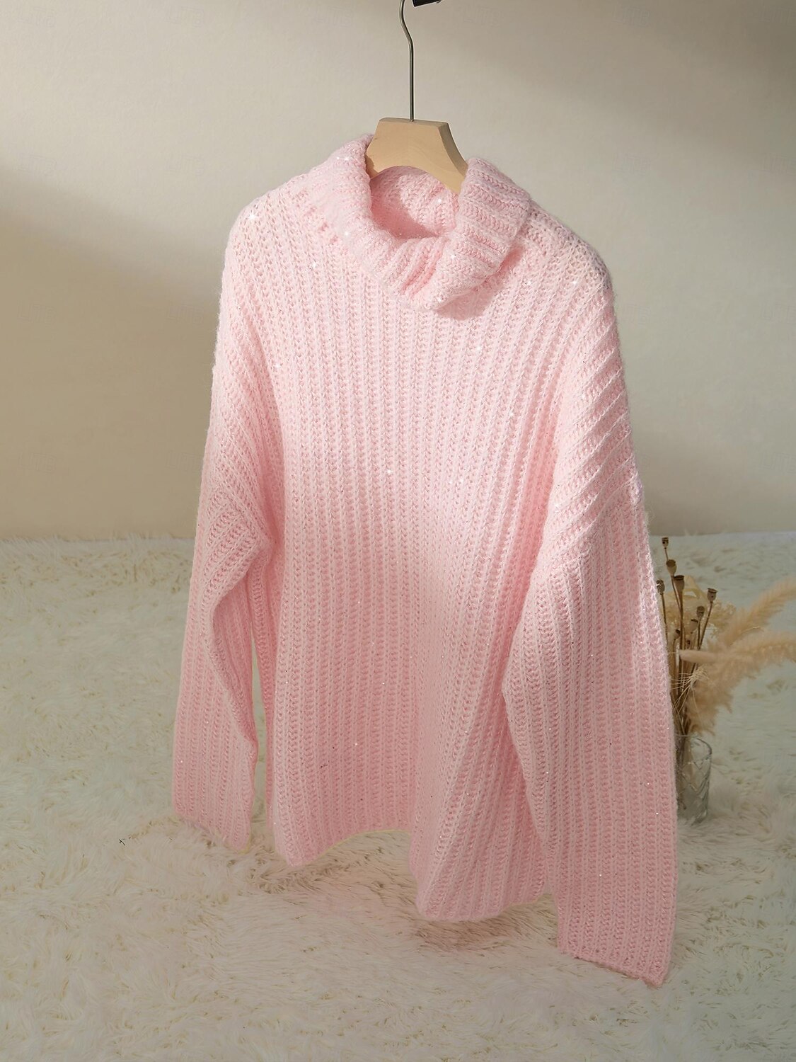 Dame Genser Rullekrage Riflet Strikke Ull Polyester Nylon Paljetter Drop Shoulder Vinter Fritid / hverdag Strikketøy Daglig Fritid Langermet Helfarge Rosa S M L 2025 - $72.99 –P7