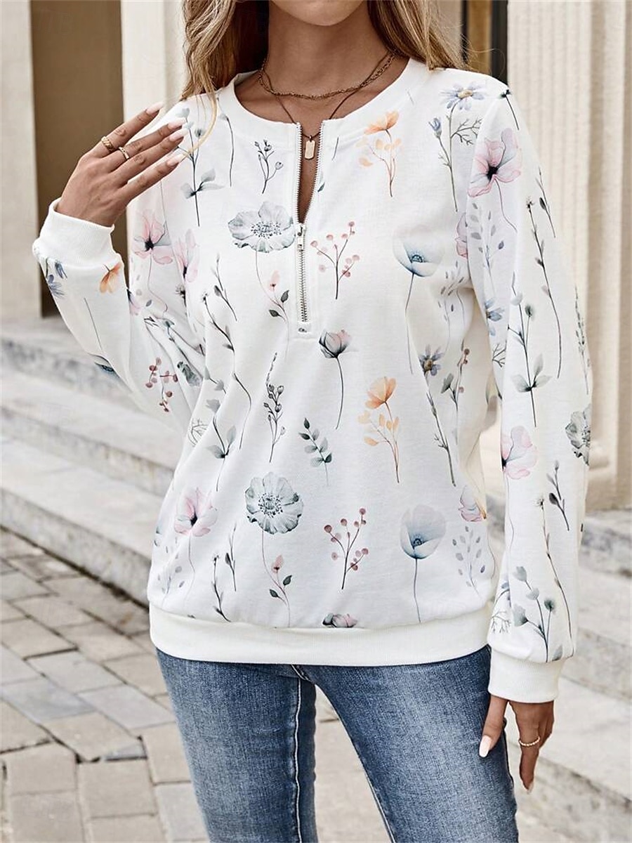 Sudadera de mujer con estampado floral para uso diario, con cremallera, informal, cuello redondo, manga larga, microelástica, otoño e invierno, cómoda, transpirable, tejido suave 2025 - $27.99 –P6