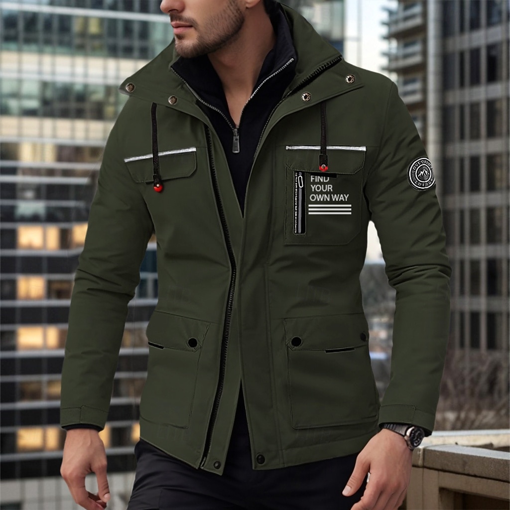 Herr Vinterkappa Vinterjacka Fleece-jacka Sportrock Utomhus Camping och vandring Vattentät Vindtät jacka Dragkedja Ficka Höst Vinter Ensfärgat Mode Streetwear Huva Normal Svart Vit Vin Armégrön Jacka 2025 - $63.99 –P5