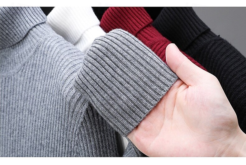Men's Pullover Sweater Jumper Knit Sweater Ribbed Knit Regular Knitted Plain Turtleneck Fashion Casual Daily Wear Date Clothing Apparel Fall & Winter Wine Black S M L 2025 - $26.99 –P1