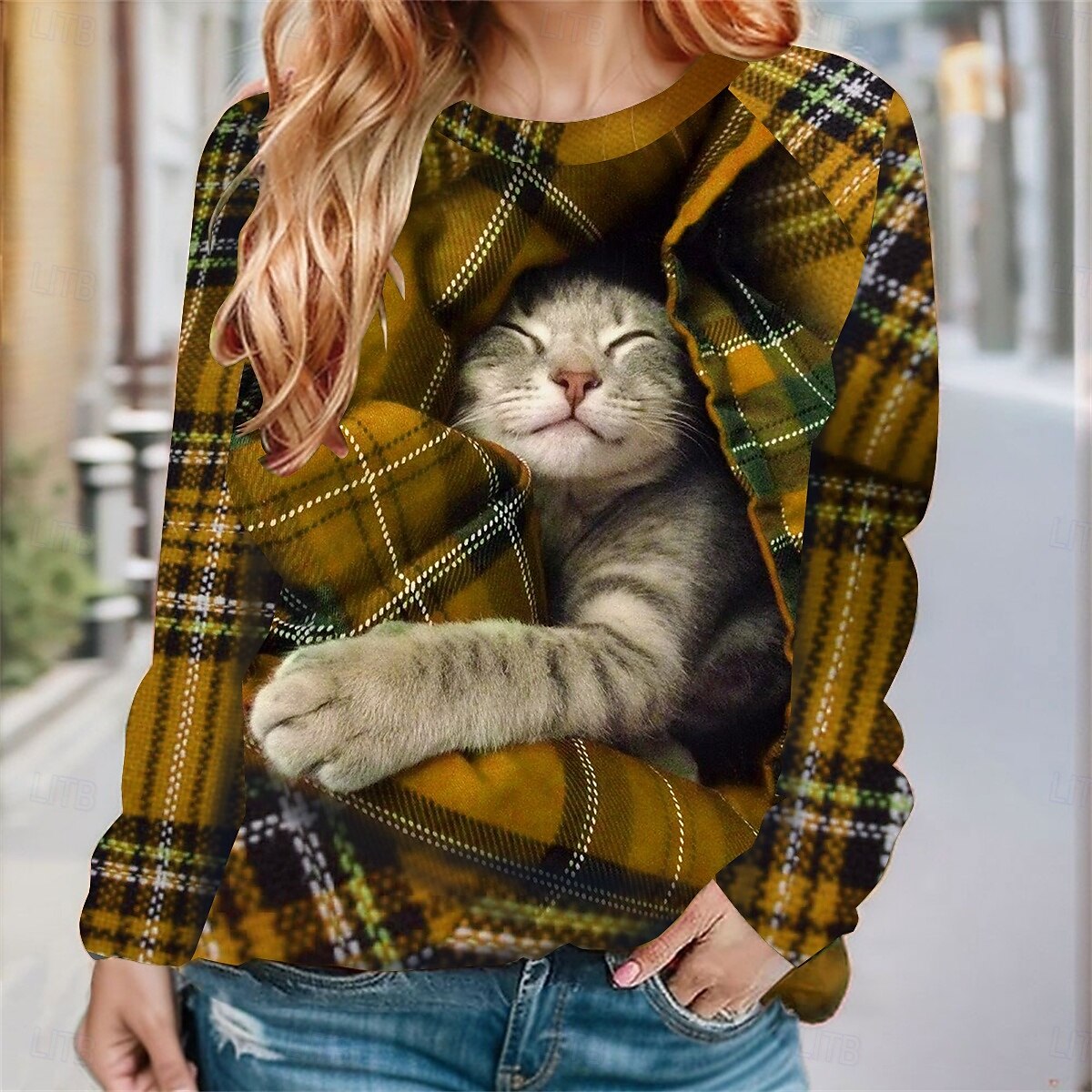 felpa da donna a quadri gatto strada abbigliamento quotidiano stampa casual girocollo manica lunga microelastico autunno inverno confortevole traspirante tessuto morbido del 2025 a $24.99 –P8