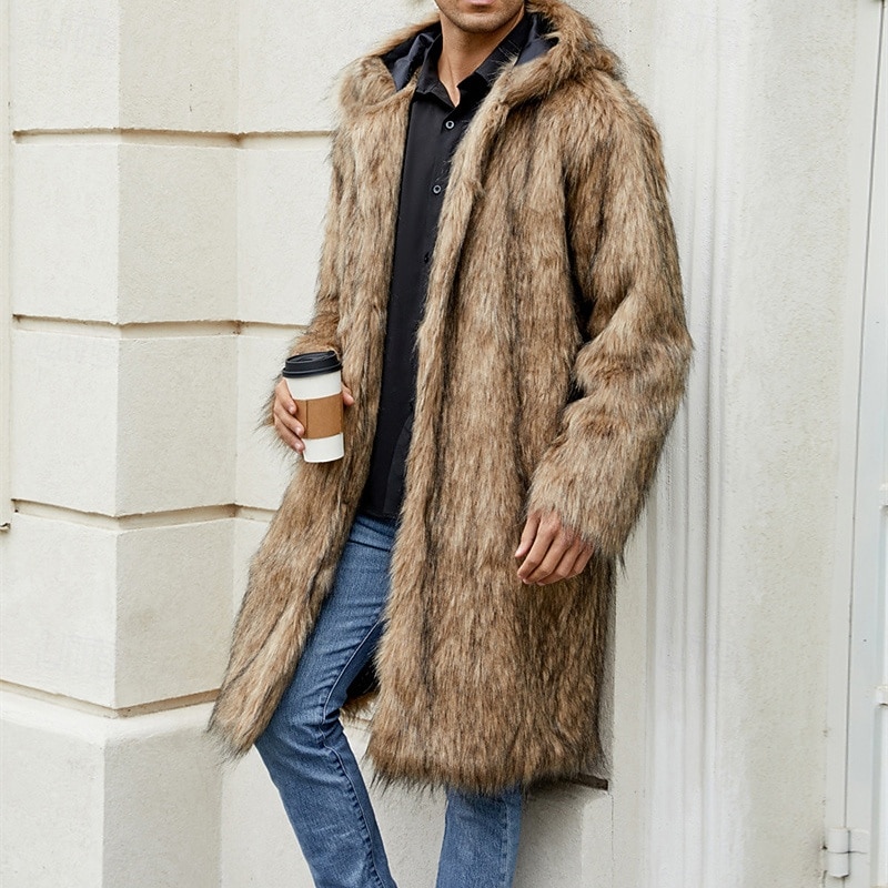 Herr Vinterjacka Fleece-jacka Fuskpälskappa Dagligen Semester Håller värmen Håller värmen Fleece Höst vinter Leopardtryck Mode Streetwear Huva Lång Svart Vit Gul Jacka 2026 - $68.99 –P3