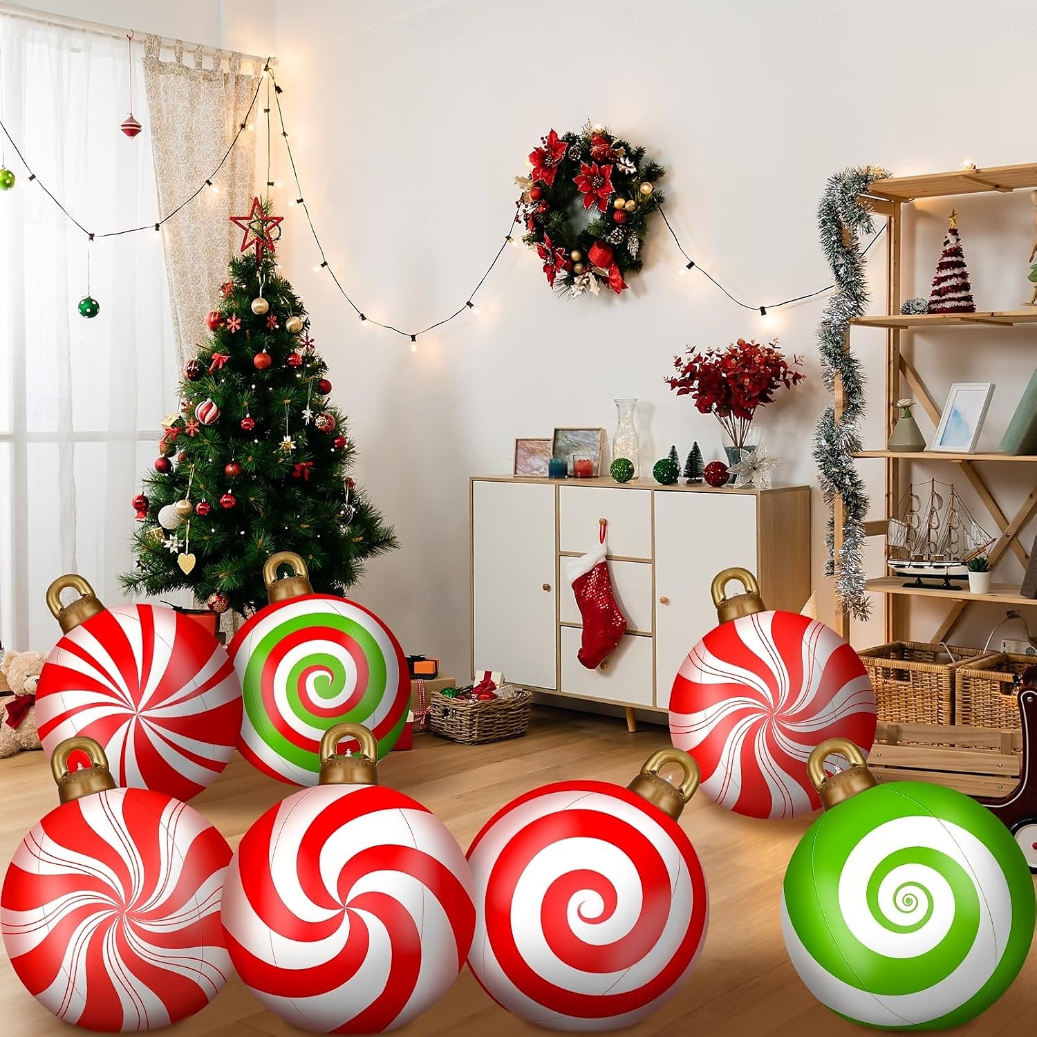 palla gonfiabile decorata per esterni di Natale da 60 cm (23,6 pollici) enormi ornamenti di Natale grandi palline di caramelle alla menta piperita per albero cortile prato giardino portico palline gonfiabili ornamenti con pompa del 2025 a $19.99 –P5
