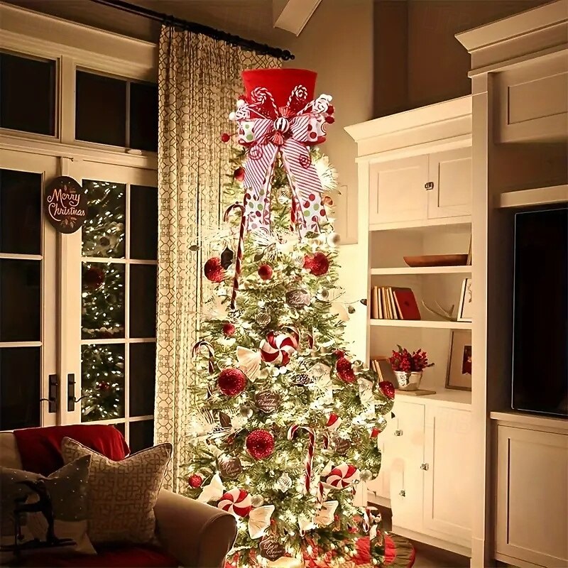 topo de árvore de natal clássico de poliéster vermelho com laço de palito de doce - perfeito para decoração de feriados em ambientes internos &uso externo de 2025 por $27.99 –P6
