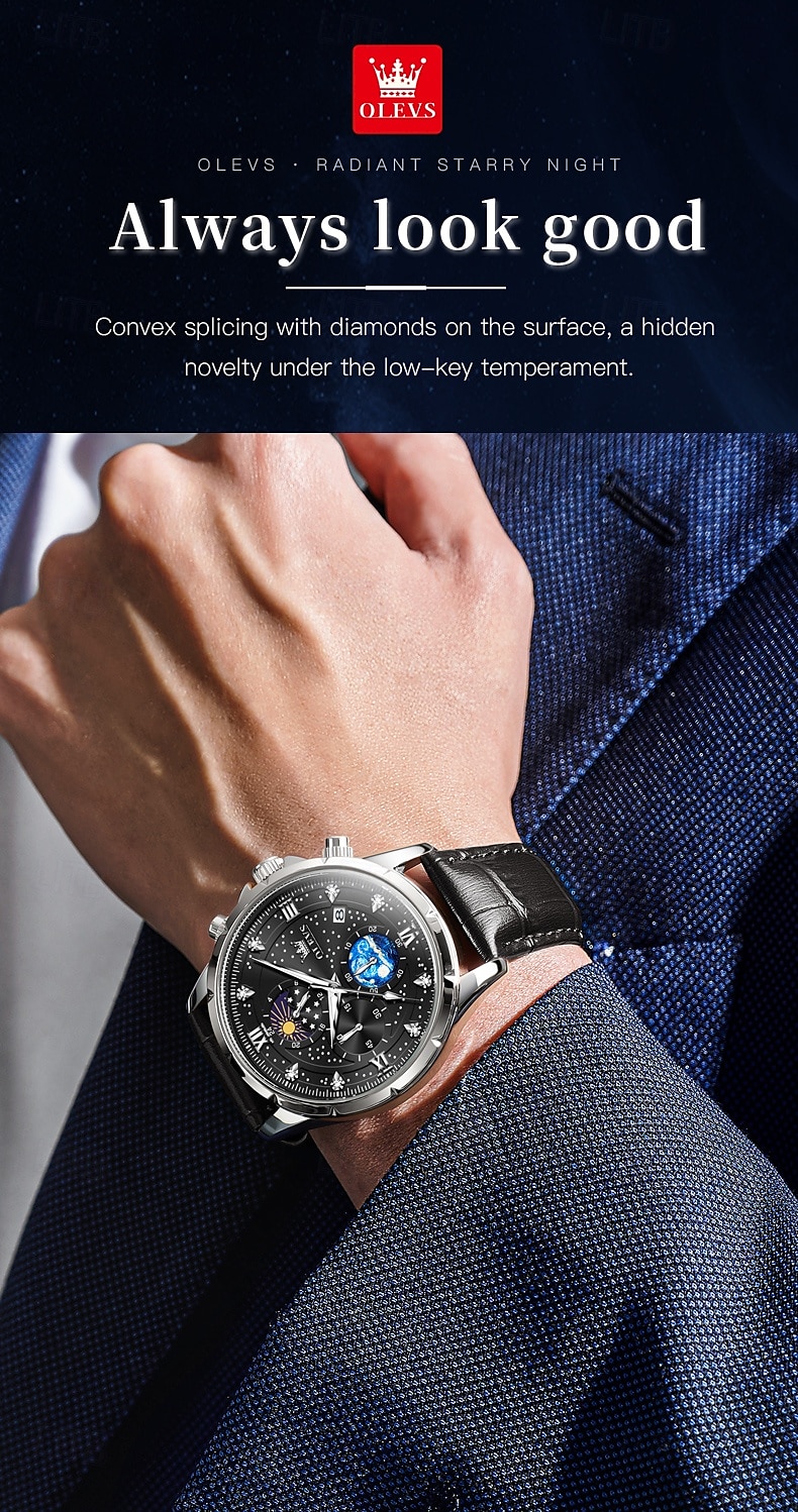 olevs 9807 herenhorloge modetrend multifunctioneel origineel sterrenhemel waterdicht maanfase horloge luxe merk heren quartzhorloge 2025 - $34.99 –P12
