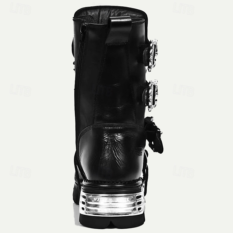 Men's Black Gothic Steampunk Combat Boots with Skull Buckle Accents - Premium Cowhide Leather for Cosplay and Biker Style 2026 - $179.99 –P3