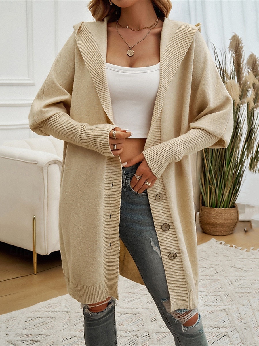 Per donna Felpa Cardigan Informale Morbido Colore puro A coste Con cappuccio Bottoni Tasche Lavorato a maglia Manica lunga Maglie lunghe Maglia Esterno Giornaliero Fine settimana Nero Fucsia Autunno del 2025 a $78.99 –P4
