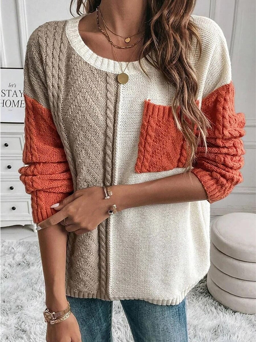 Dam Tröja Pullover tröja Ledigt Mjukt Ren färg Kabel Rund hals Ficka Stickat Långärmad Vanliga toppar Sticka Utomhus Dagligen Helgen Orange Grön Höst Vinter 2025 - $54.99 –P1