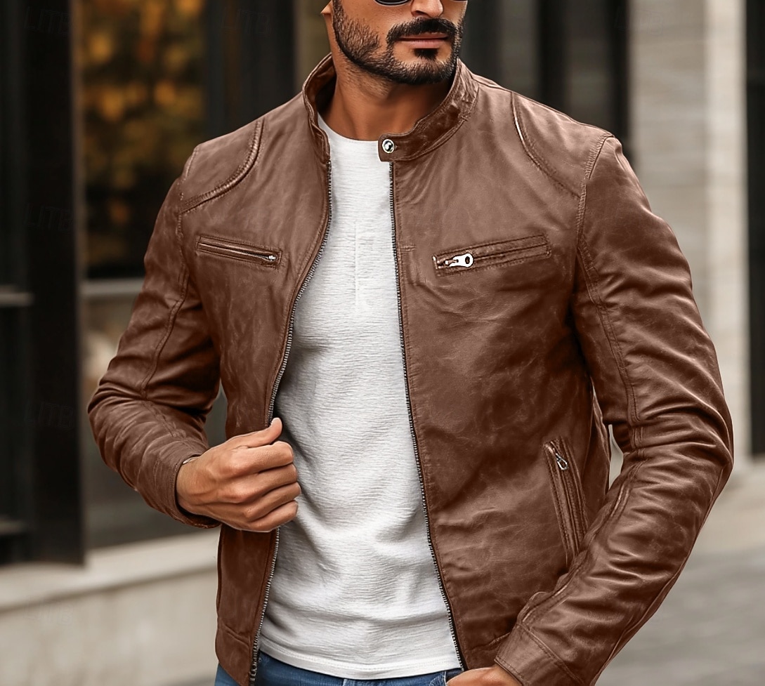 Men's Faux Leather Jacket Biker Jacket Motorcycle Jacket Daily Thermal Warm Rain Waterproof Zipper Fall & Winter Solid Colored Punk Vintage Stand Collar Regular Black Blue Brown Coffee Jacket 2026 - $45.99 –P7