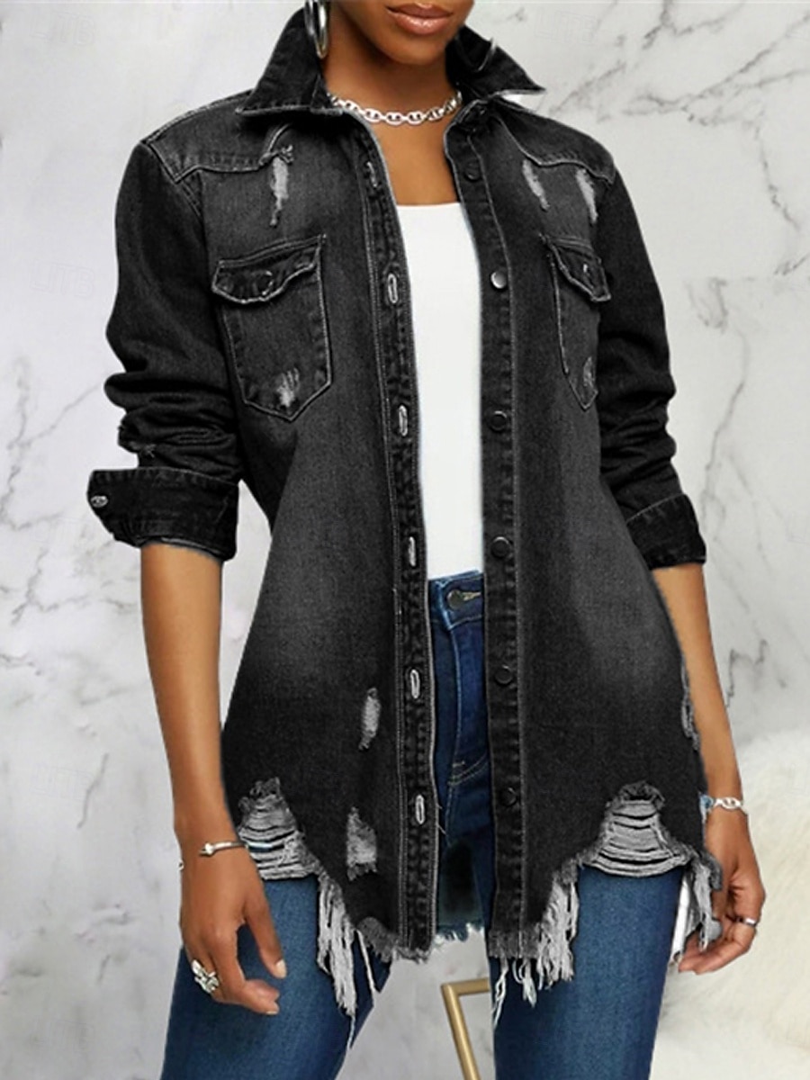 Damen Jeansjacke Outdoor Strasse Freizeitskleidung Herbst Winter Standard Mantel Regular Fit warm Atmungsaktiv Stilvoll Brautkleider schlicht Jacken Langarm Feste Farbe Mit Taschen Hellblau Schwarz 2025 - $62.99 –P9