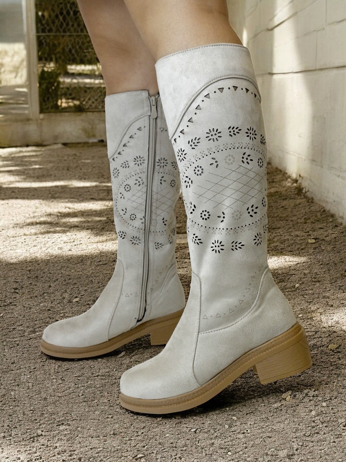Women's Grey Embroidered Western Cowboy Boots with Laser Cut Detailing – Vintage Style Mid-Calf Riding Boots for Casual and Outdoor Wear 2025 - $64.99 –P4