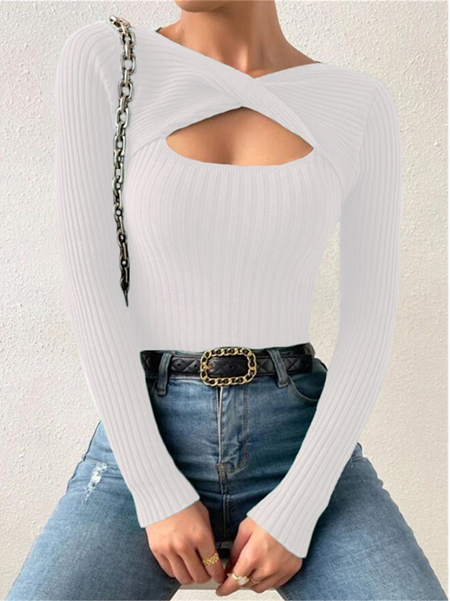 Damen T Shirt Glatt Modisch Modern Brautkleider schlicht Langarm V Ausschnitt Normale Oberteile Täglich Wochenende Öse Schwarz Weiß Beige Grau Herbst Winter 2025 - $29.99 –P7