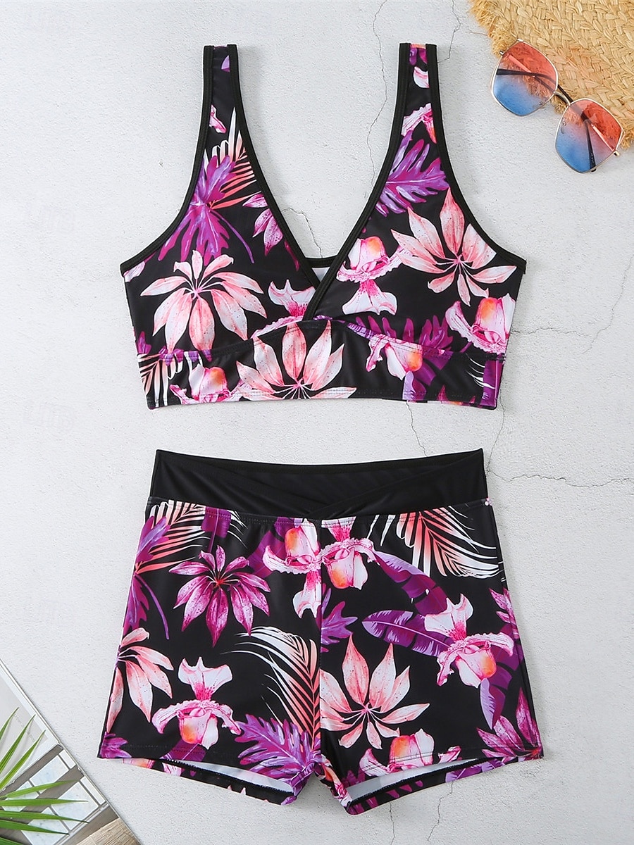 Dam Badkläder Bikini 2 st Pojkeben Baddräkt Öppen rygg Hög midja Smal Semester Standkläder Blommig Löv V-hals Ärmlös Baddräkter 2025 - $25.99 –P13