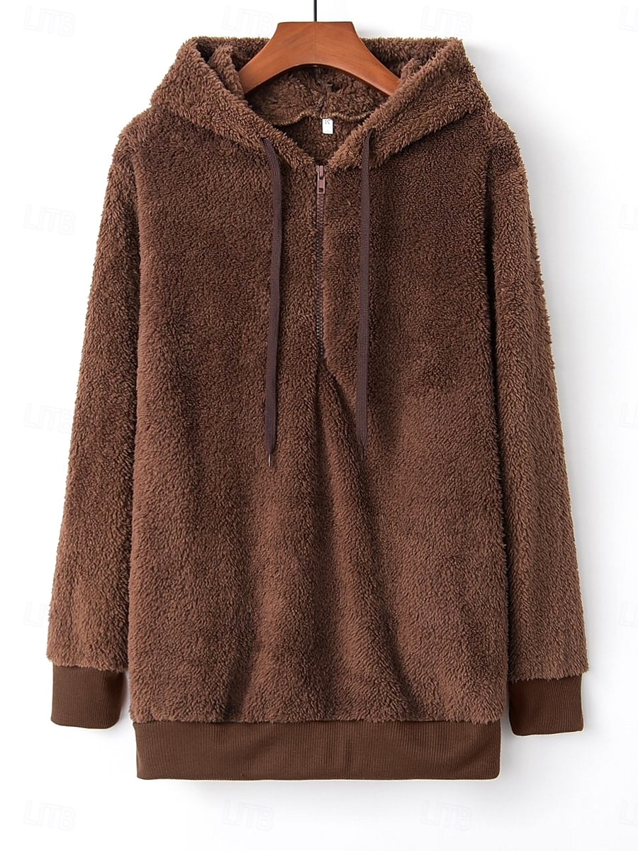 moletom feminino com capuz moletom casual sherpa liso rua diário moletom com zíper bolso manga comprida vinho marrom verde outono inverno de 2025 por $27.99 –P2