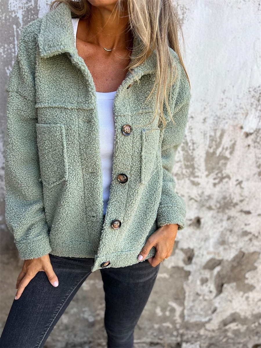 Dame Fleece-jakke Teddyfrakk Hold Varm Pustende Knapper Lomme Fleece Lined Fritid عادي Feriereise Gate Dagligdagstøy Ut på byen Enkeltkneppet Kort Knaphul Normal Langermet Yttertøy Gul Rosa Grønn 2025 - $34.99 –P2